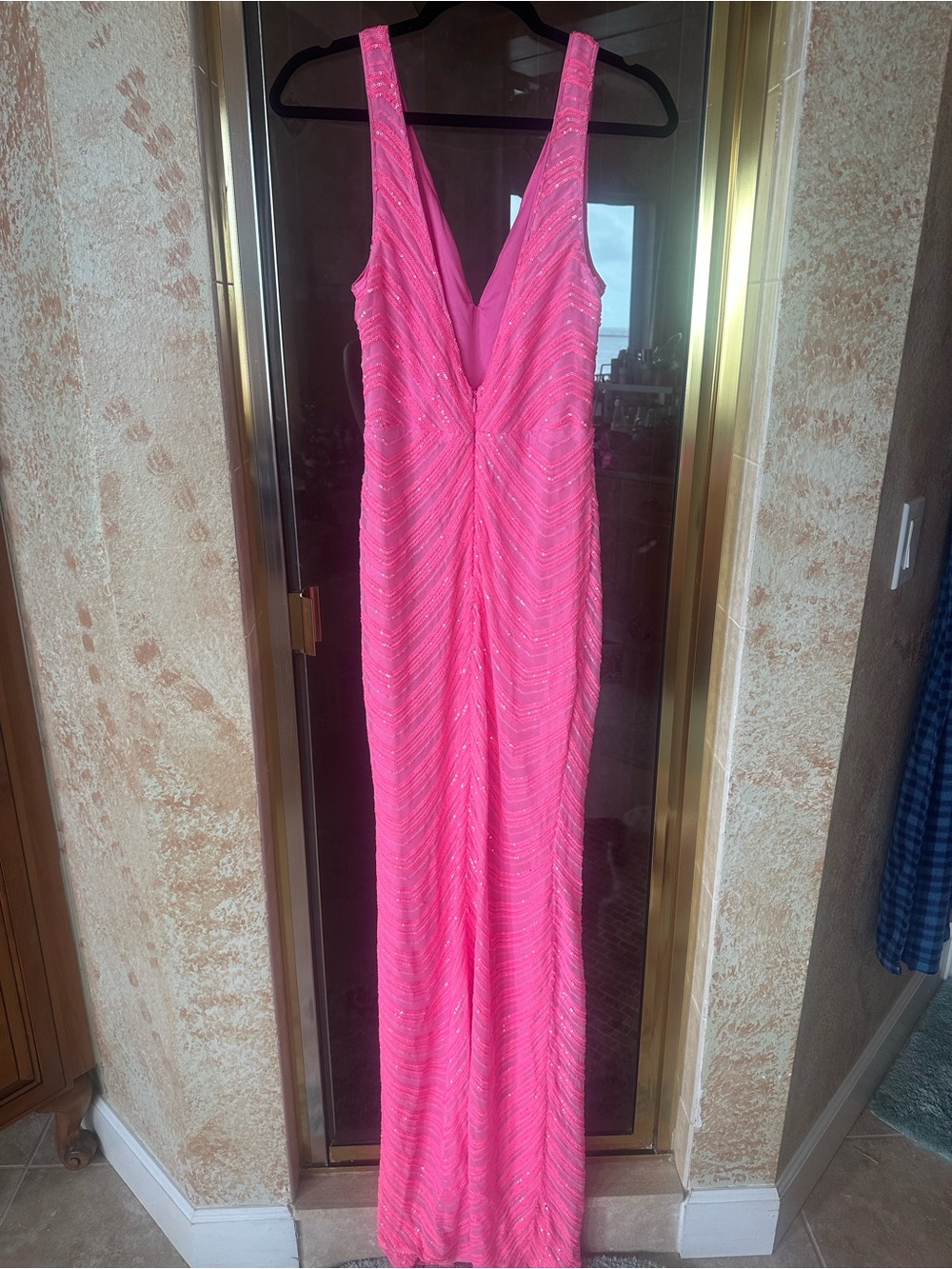 Fashion Nova Neon Pink Beaded Maxi Dress with Slit size M, NWT!!